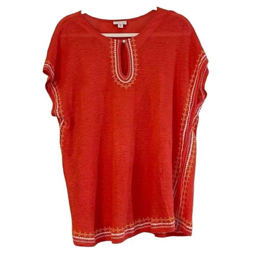 J. Jill Love Linen Embroidered Coral Top Medium Petite
